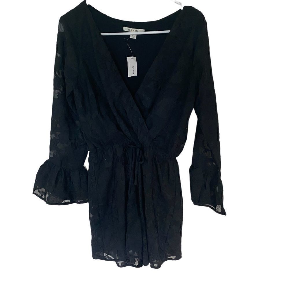 Miami NEW black bell bottom sleeves lace faux wrap medium romper
